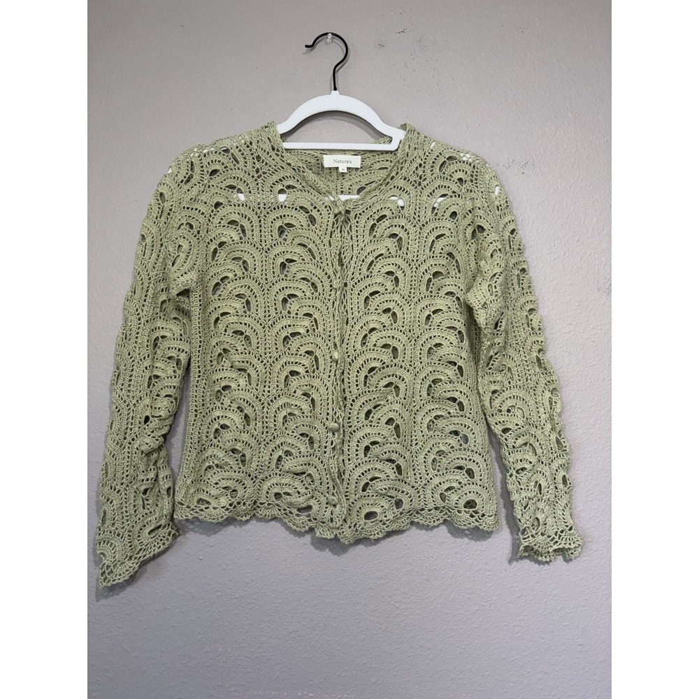 Hemp Cotton Crochet Boho Cottage Cardigan Green Medium Japanese Layering Fairy